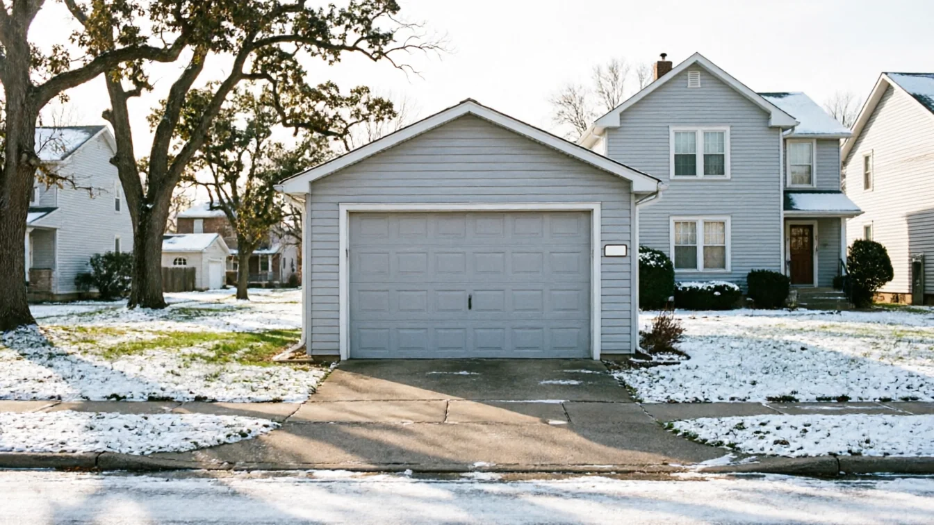 A light gray detached garage with a closed door sits in a snowy yard.