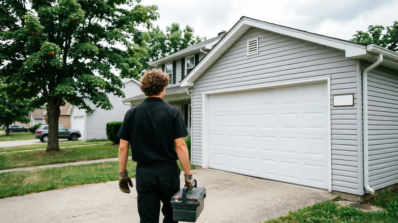 A technician carrying a toolbox walks towards a house with a white garage door.