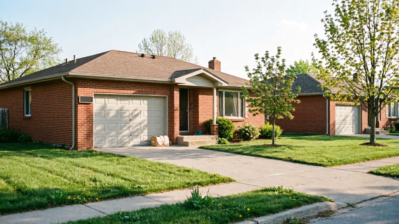 A brick house with a white garage door and a green lawn under a clear sky.