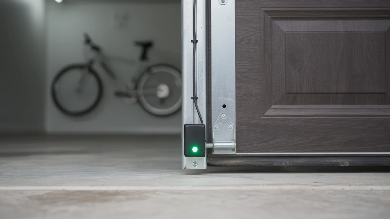A safety sensor with a green light is mounted on a garage door track.