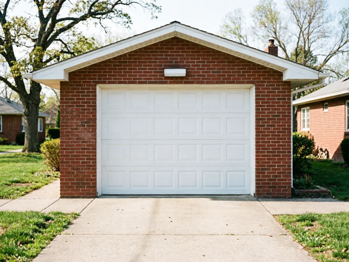 A white garage door is set in a red brick garage with a concrete driveway.