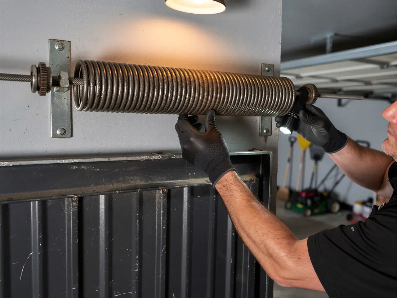A technician in black gloves inspects a garage door torsion spring with a flashlight.