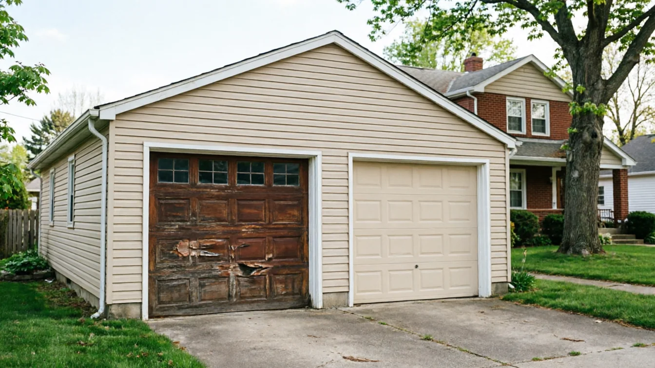 A two-car garage has one damaged wooden door and one new beige door.