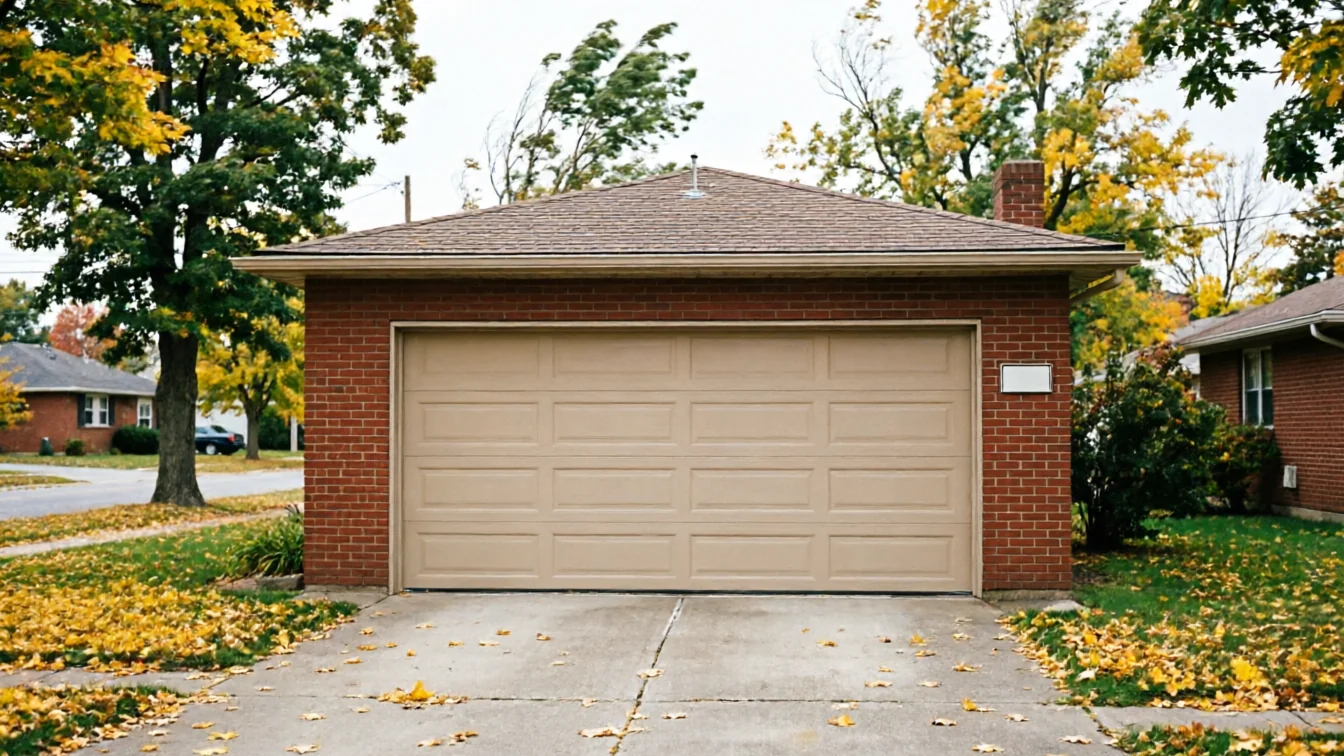 A tan garage door is on a brick garage with a brown roof and autumn leaves.